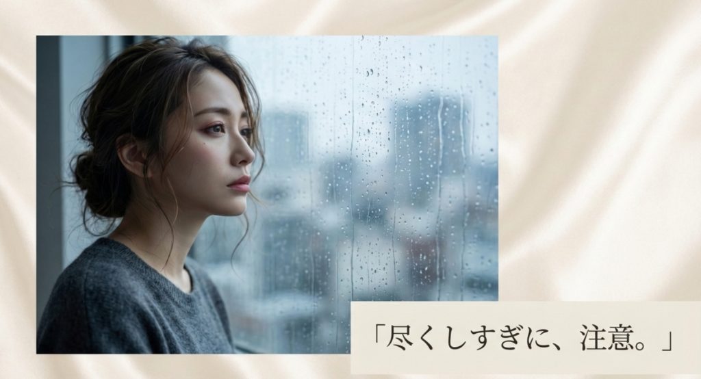 世話好きで尽くす恋愛スタイルの注意点を示す画像。