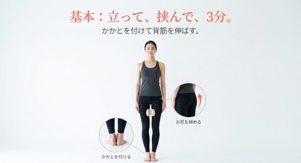 椅子に座って使う方法と立って使う姿勢の重要性を示す画像。