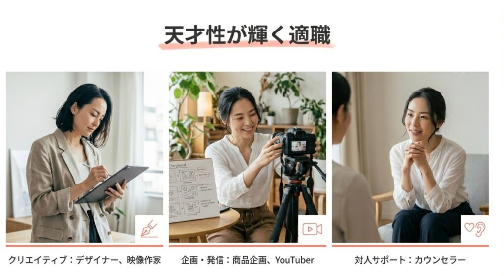 直感力と独創性を活かせるうう脳の適職と向いている仕事示す画像。