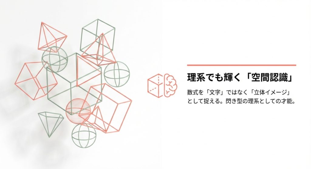 視覚情報の処理に優れたうう脳が理系分野で発揮する強みを示す画像。
