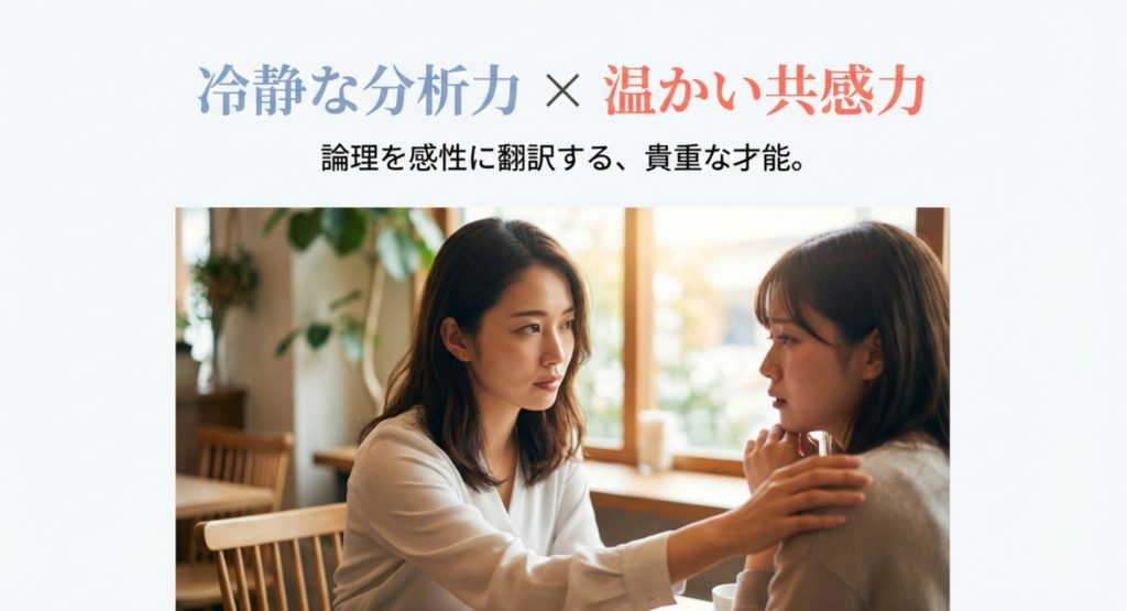 冷静な分析力と高い共感力の両立を示す画像。