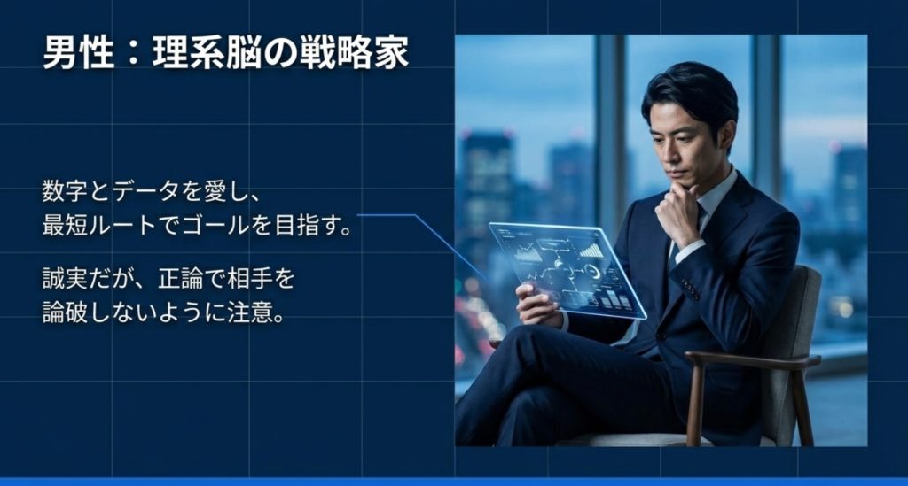 ささ脳の男性に見られる理系脳と戦略家の一面を示す画像。