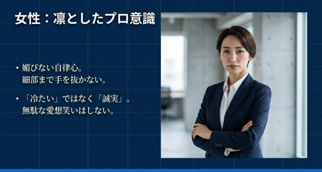 ささ脳の女性が持つプロ意識と凛とした性格を示す画像。