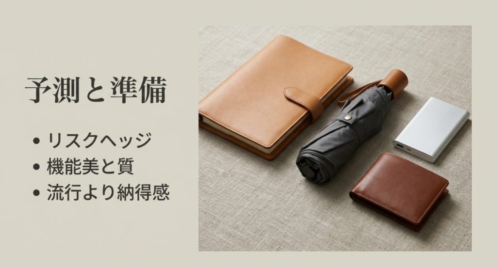 几帳面で計画的なライフスタイルと持ち物の傾向を示す画像。
