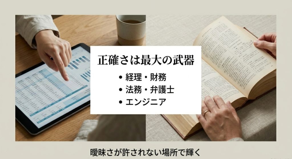 経理や法務など正確さが求められる向いてる仕事を示す画像。