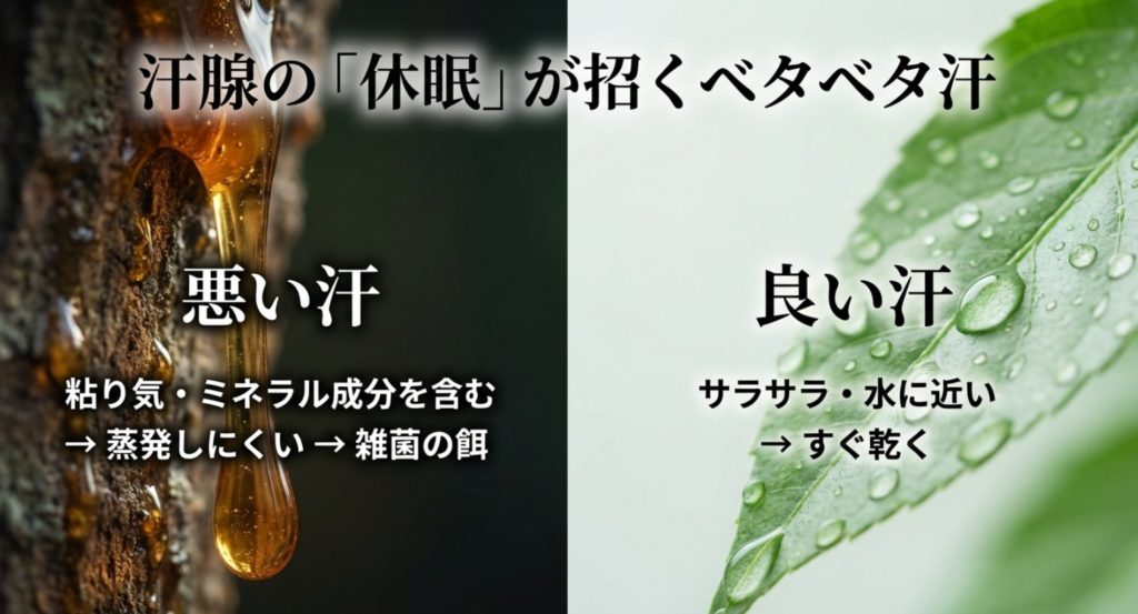 汗腺機能の低下でベタベタした汗が出る理由を示す画像。