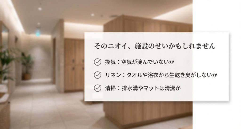 施設側の換気不足やタオル管理による環境要因を示す画像。