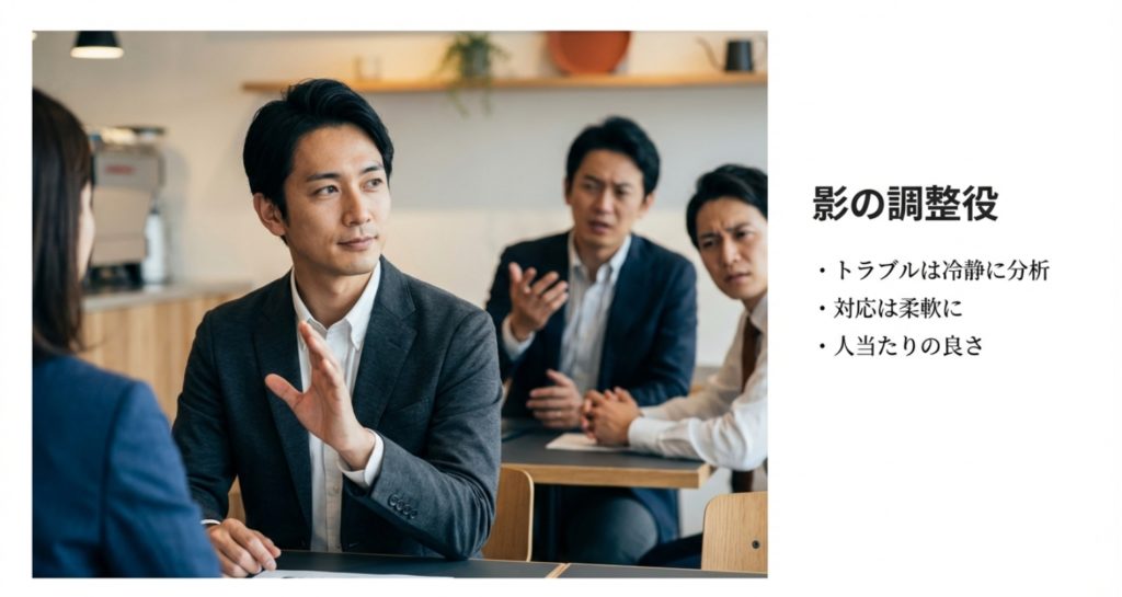 周囲から影のあやつり師や策士と思われる理由を示す画像。