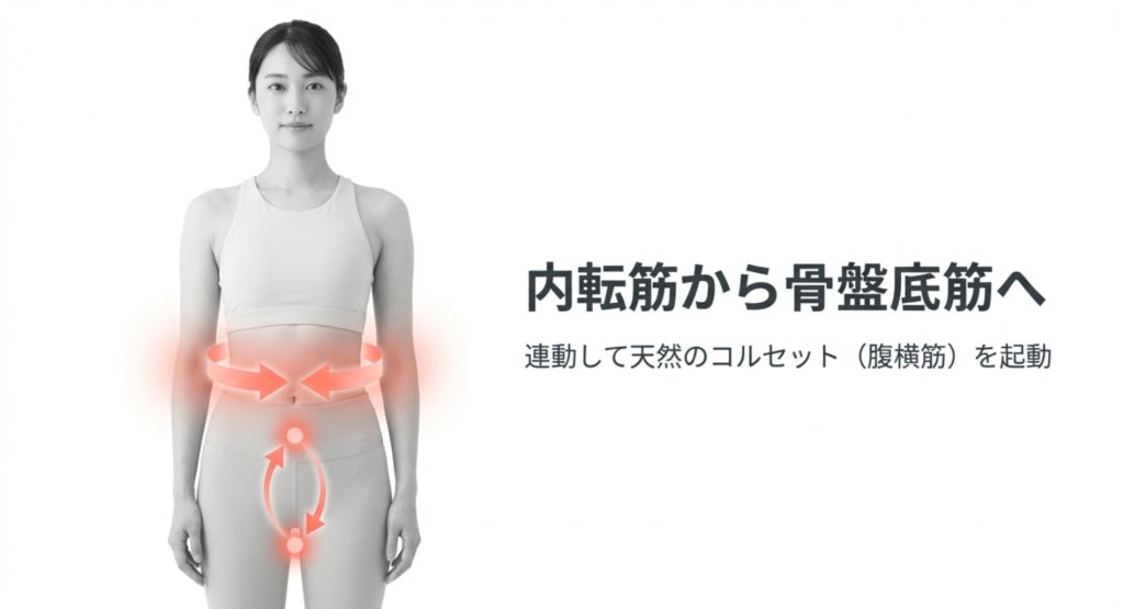 自然とお腹の奥にある「腹横筋」（天然のコルセットとも呼ばれます）に力が入る画像。