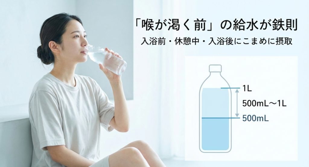 岩盤浴による頭痛やだるさを防ぐ水分補給を示す画像。
