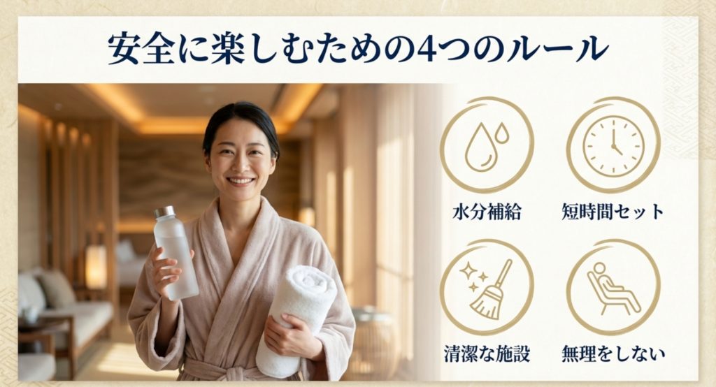 結論として岩盤浴が体に悪い状況を回避するコツを示す画像。