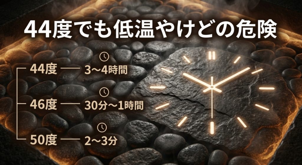 長時間の入浴で起こる低温やけどの危険性を示す画像。