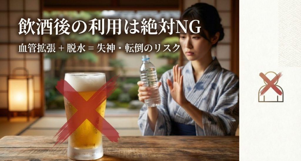 飲酒後の利用が失神や転倒を招くリスクを示す画像。