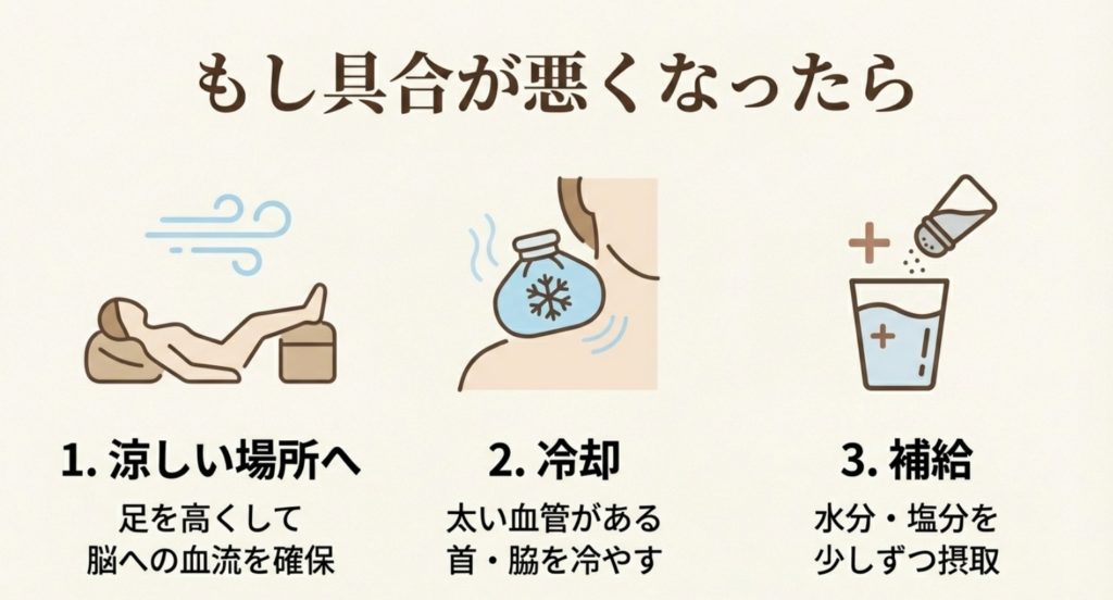 吐き気やめまいが起きた時の応急処置を示す画像。