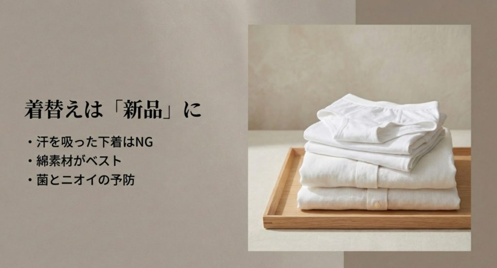 岩盤浴で下着や紙パンツを着用する際の替えの準備を示す画像。