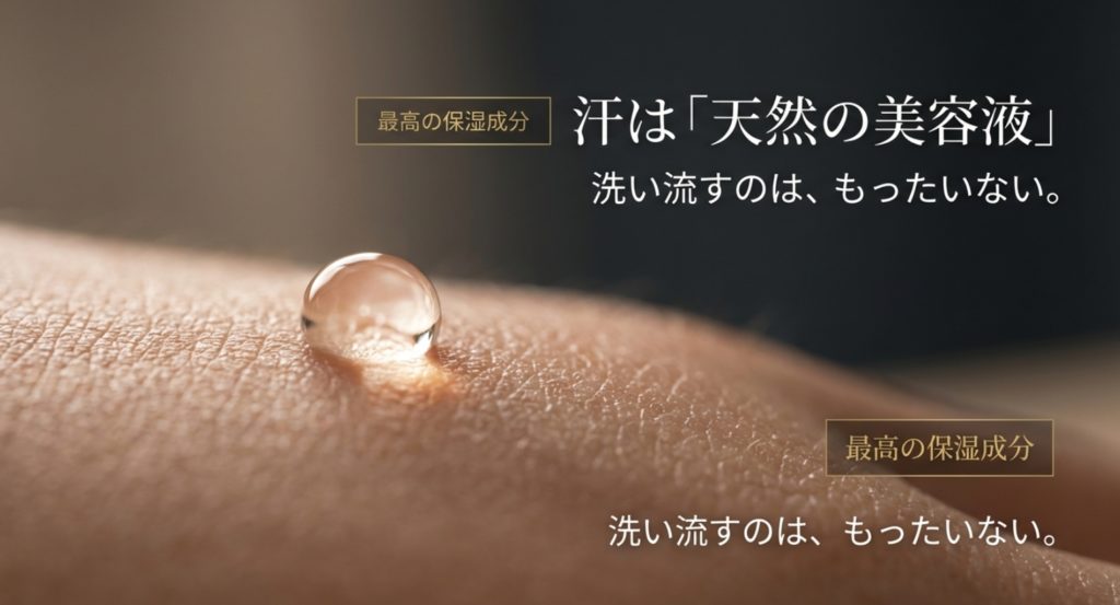 岩盤浴の汗を流さないもったいない理由と仕組みを示す画像。