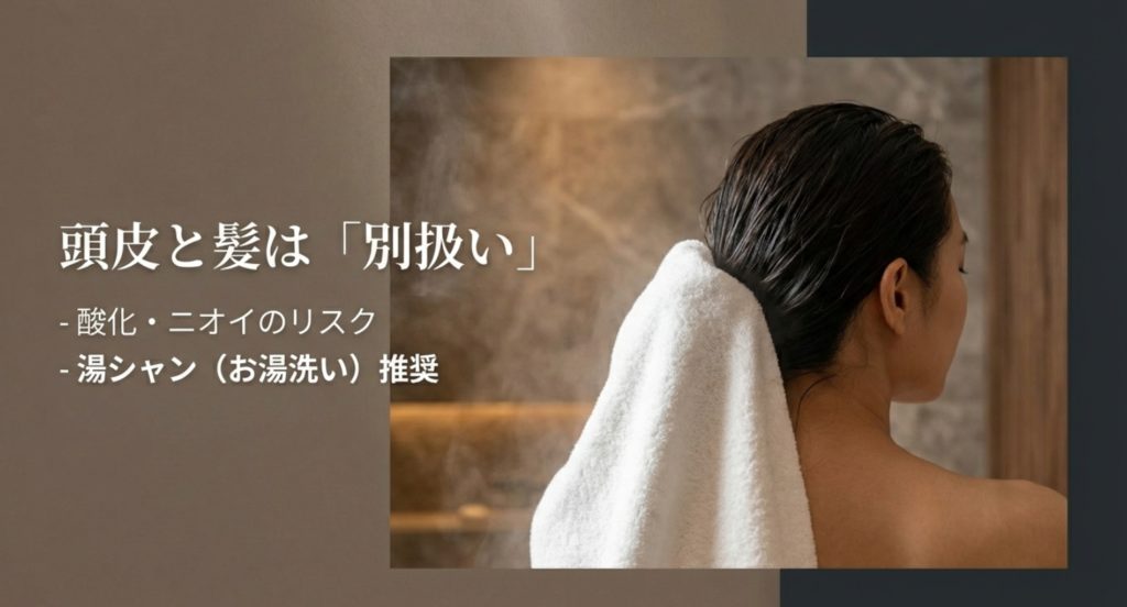 岩盤浴で髪洗わないときの影響と頭皮ケアを示す画像。