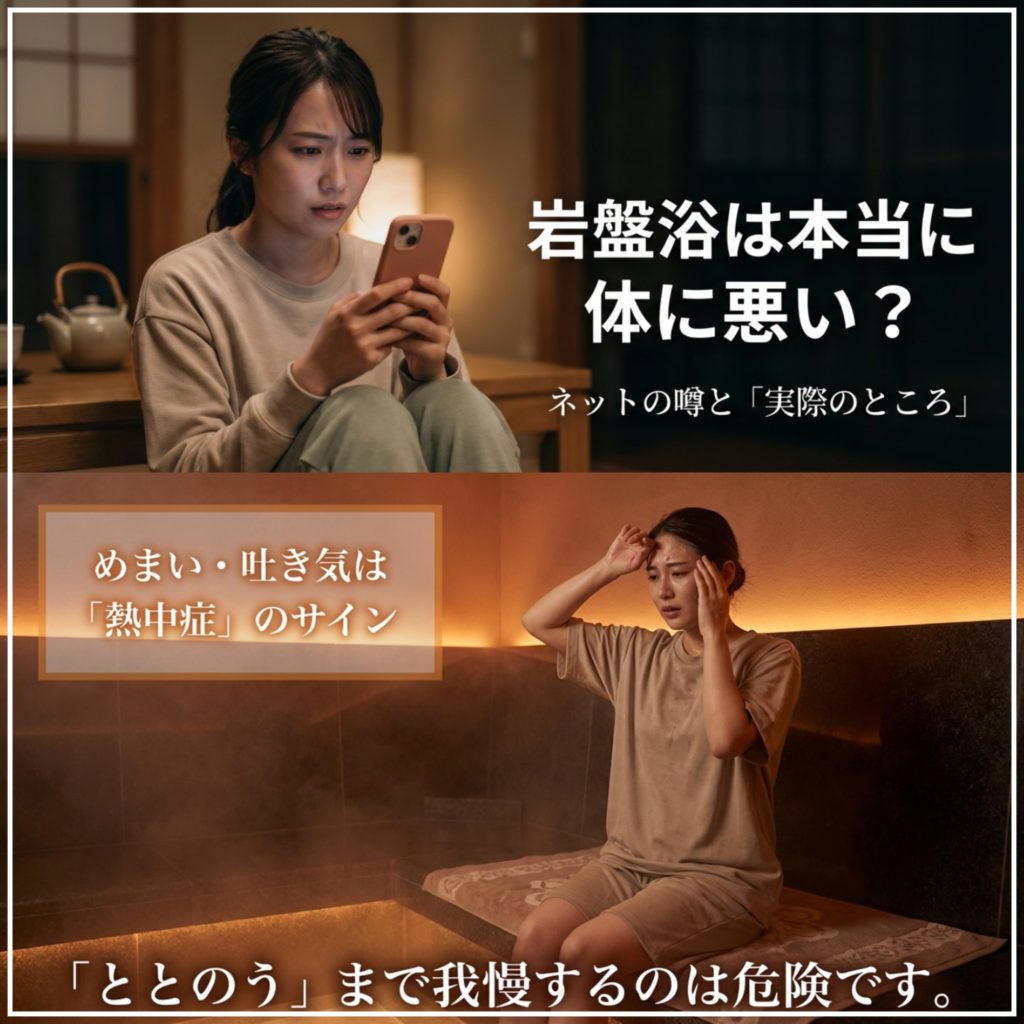 岩盤浴が体に悪い？潜むリスクと安全に楽しむための全知識を示す画像。