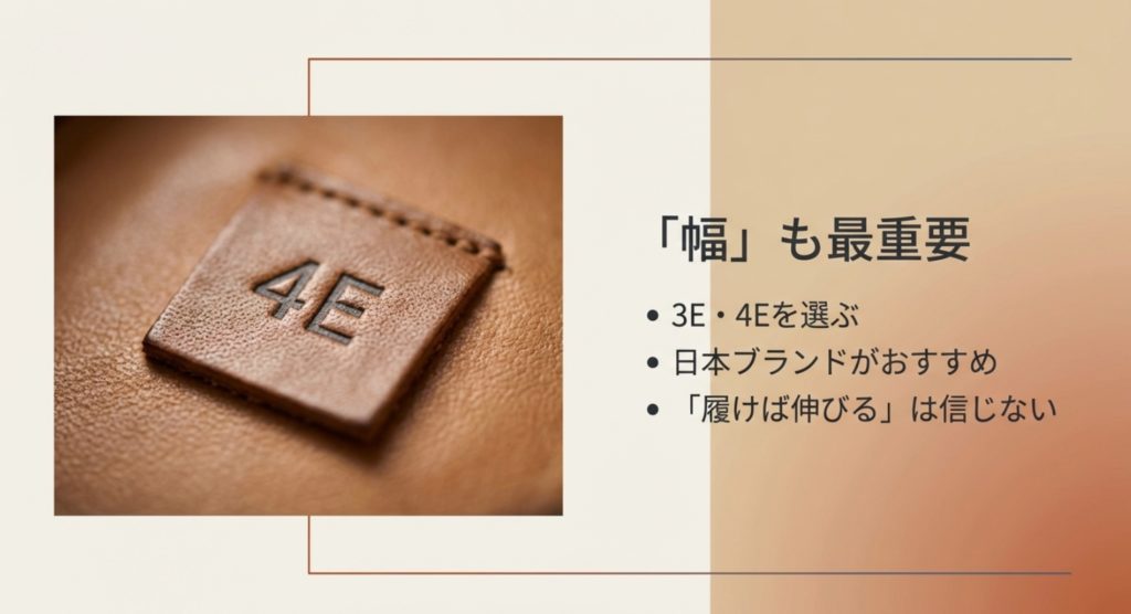 靴のサイズ表記「4E」のアップ写真とともに、3E・4Eなどの幅選びの重要性や、日本ブランドの推奨、「履けば伸びる」は迷信であることを伝えるスライド。