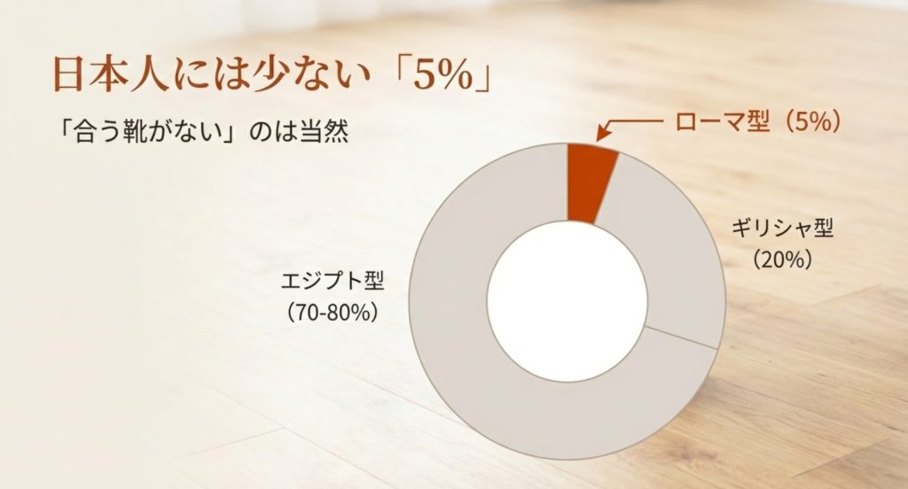 日本人の足型の割合を示すグラフ。エジプト型が70-80%、ギリシャ型が20%、ローマ型がわずか5%であることを視覚化したスライド。