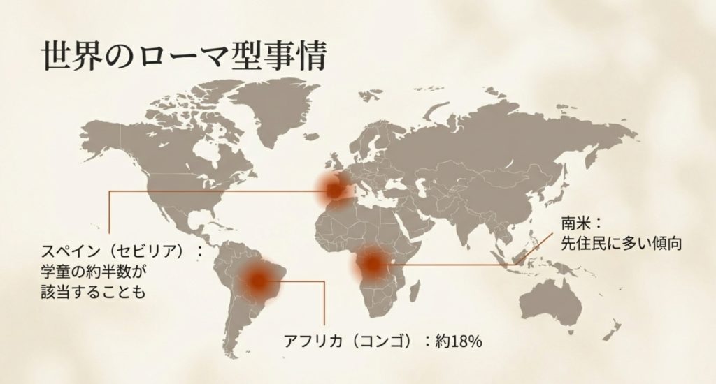 スペインの学童で約半数、アフリカ（コンゴ）で約18%、南米の先住民に多い傾向など、世界各地のローマ型に関する統計情報をまとめたスライド。