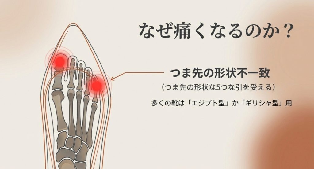 足の骨格図に、尖った靴のラインが重なっているイラスト。ローマ型の足がエジプト型・ギリシャ型用の靴を履いた際に、どの指が圧迫されるかを赤丸で示したスライド。