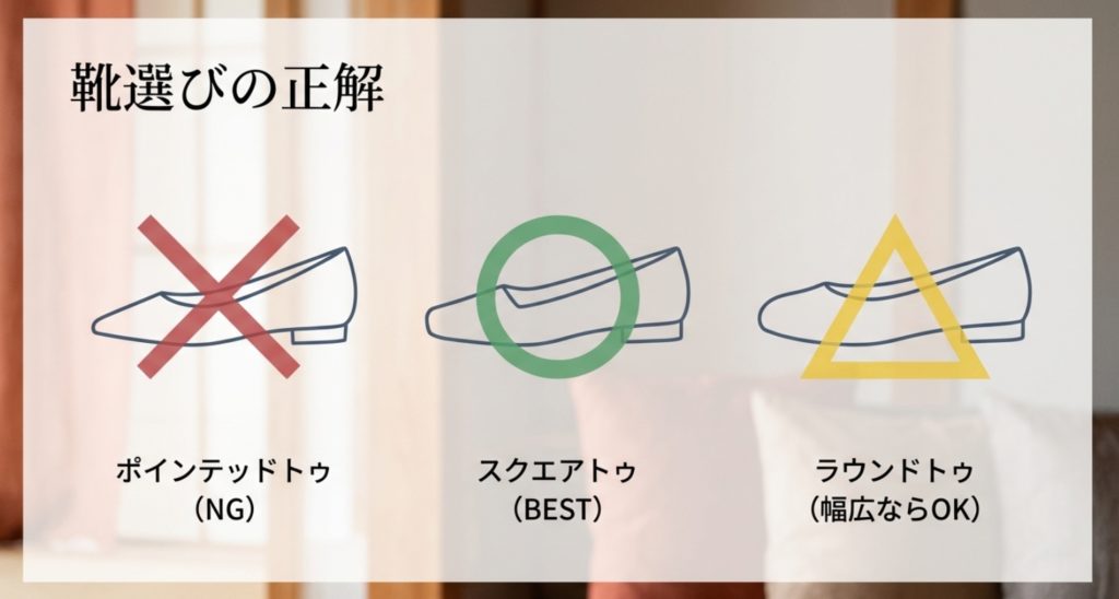 つま先の形状を比較したイラスト。ポインテッドトゥに「NG」、スクエアトゥに「BEST」、ラウンドトゥに「幅広ならOK」という記号が添えられた、靴選びのガイドスライド。