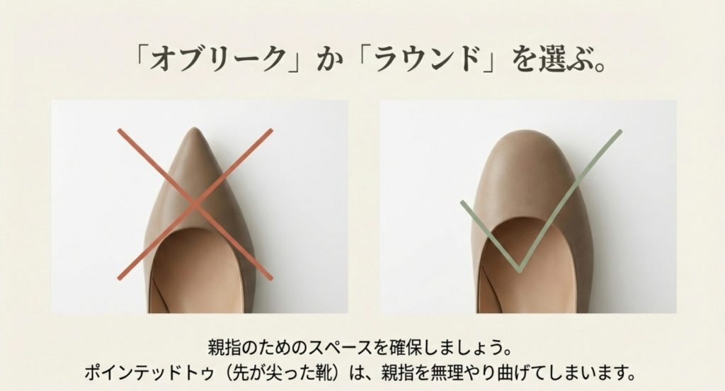 オブリークトゥやラウンドトゥで指先の圧迫を回避