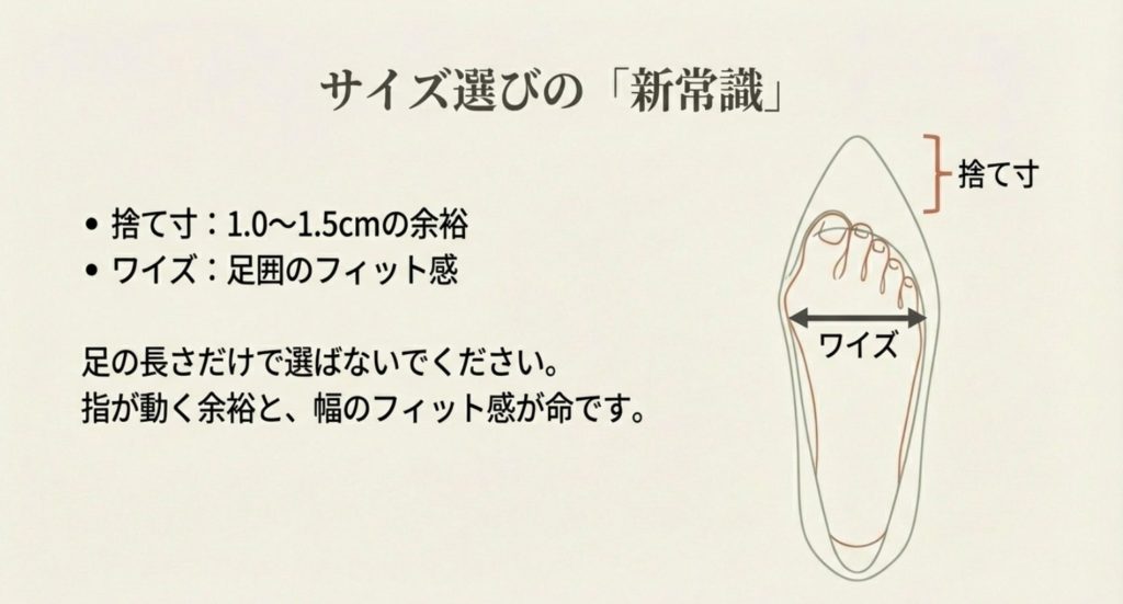 適切なサイズ選びに不可欠な捨て寸とワイズの確認