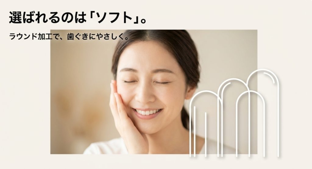 毛の硬さやソフトな磨き心地を左右する独自構造を示す画像。