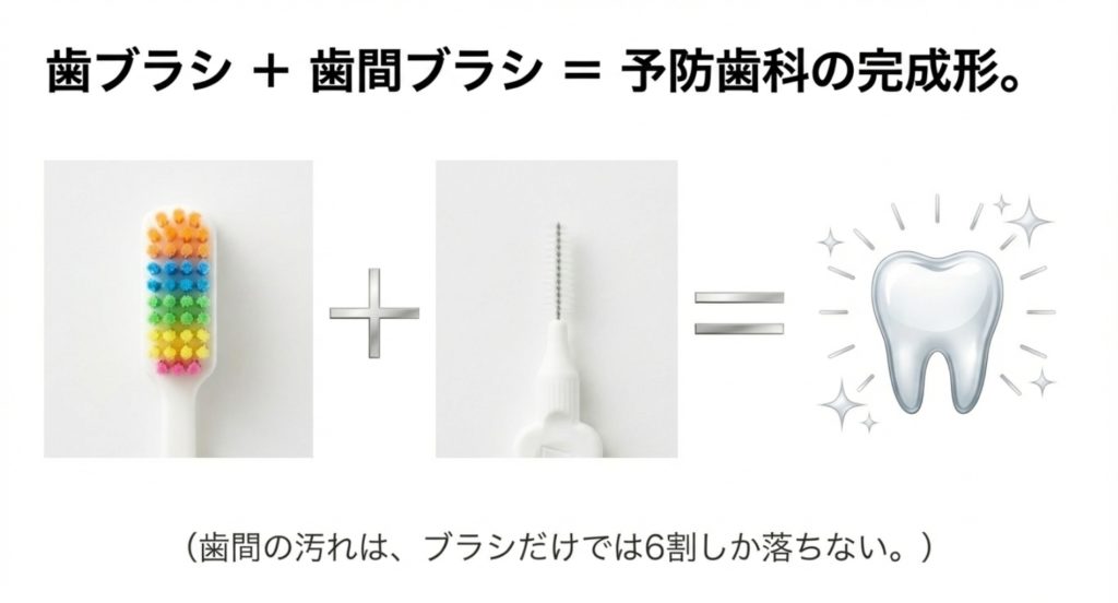 歯間ブラシを併用するプラーク除去の重要性を示す画像。