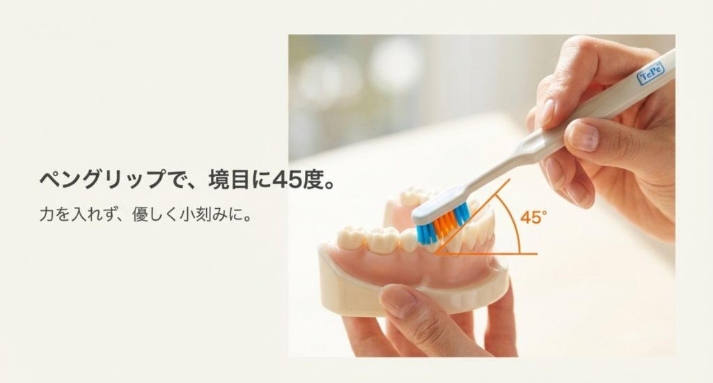 人間工学に基づいたハンドルの持ち方と正しい使い方を示す画像。