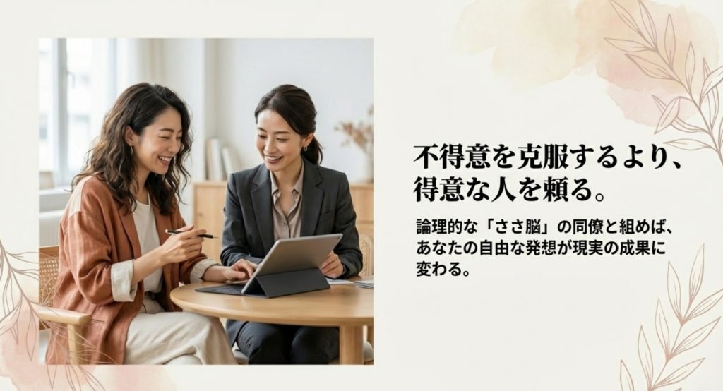 仕事で悩むうう脳女へのキャリアアドバイスを示す画像。