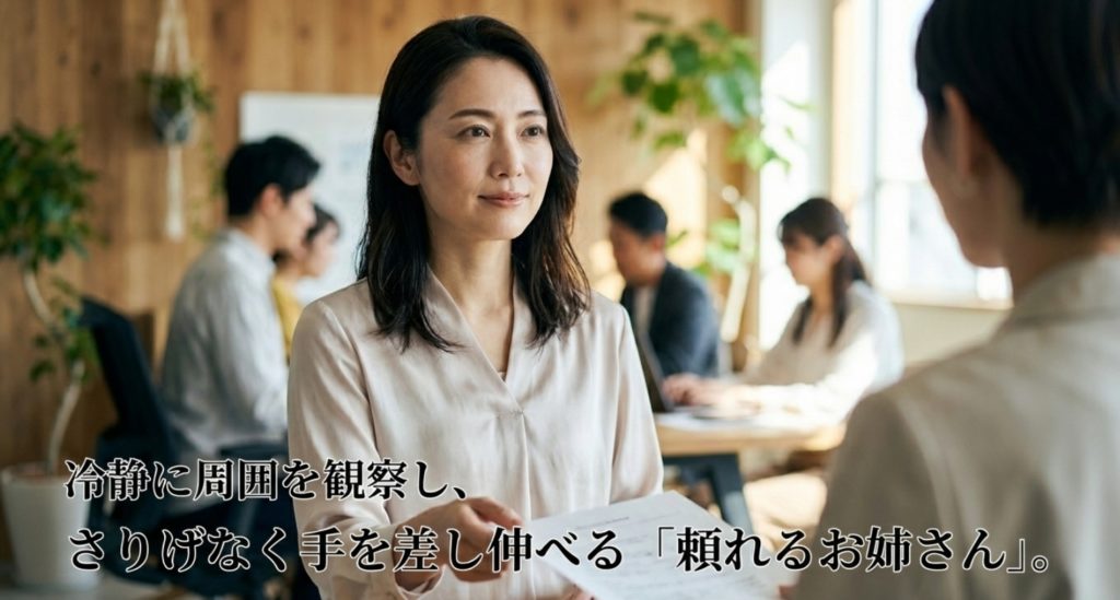 さう女が持つ頼れるお姉さん的な振る舞いを示す画像。