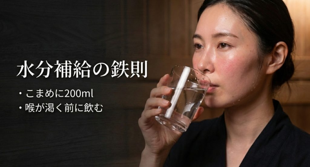 適切な水分補給とのぼせを防ぐための安全管理を示す画像。