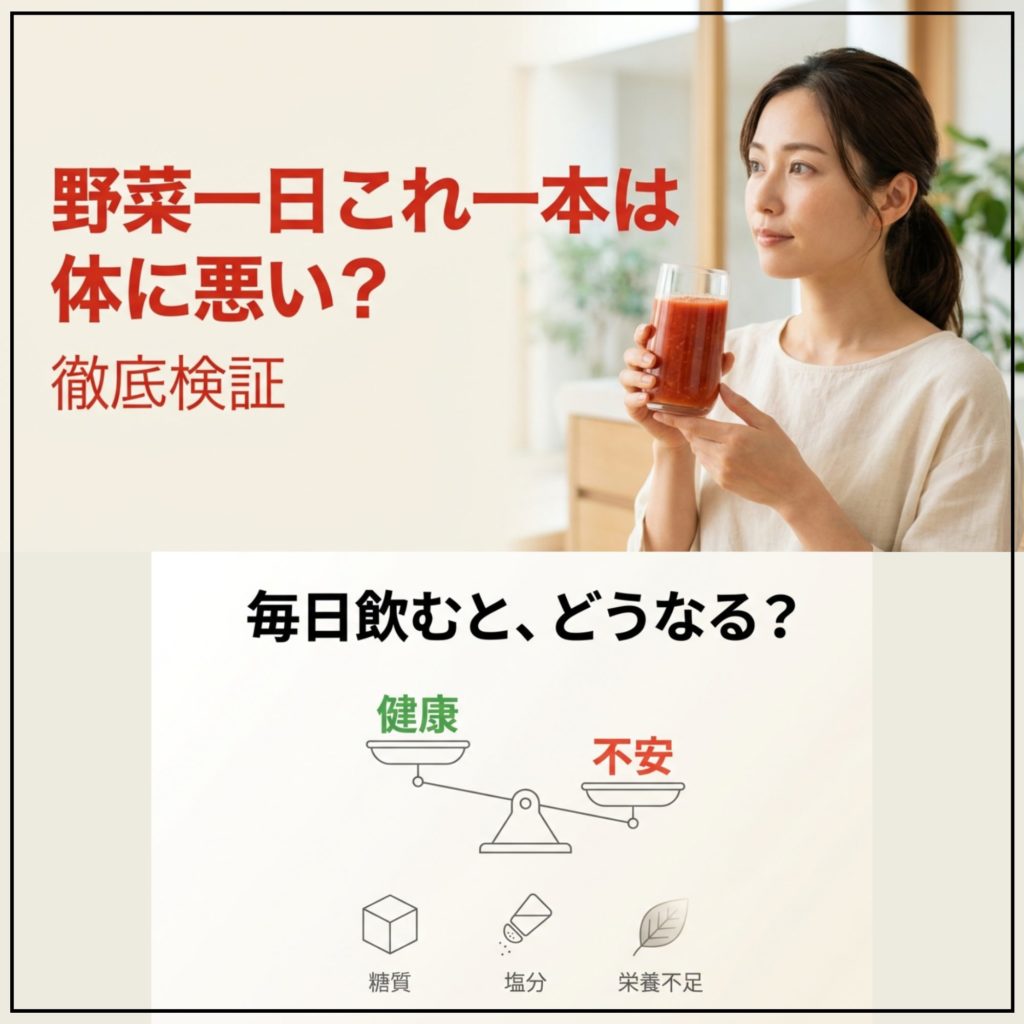 野菜一日これ一本は体に悪い?糖質や毎日飲むリスクを徹底検証を示す画像