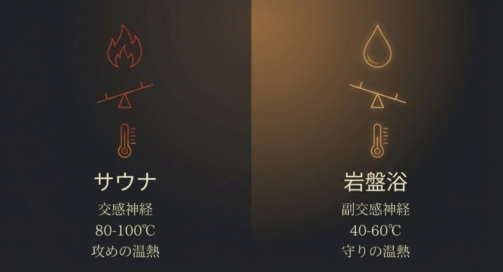 岩盤浴とサウナはどっちが健康維持に最適かを示す画像。