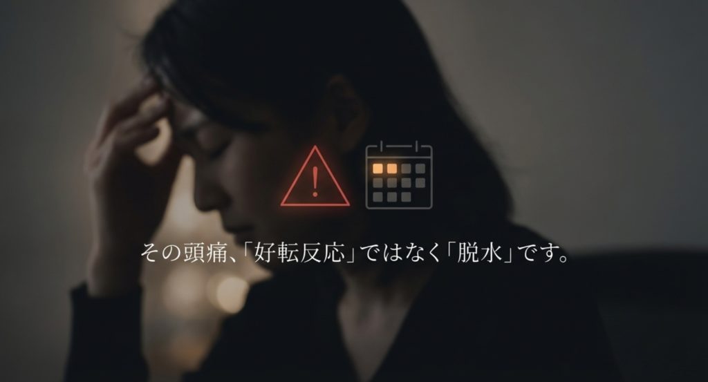 岩盤浴で頭痛やだるさが出る原因と好転反応の正体を示す画像。