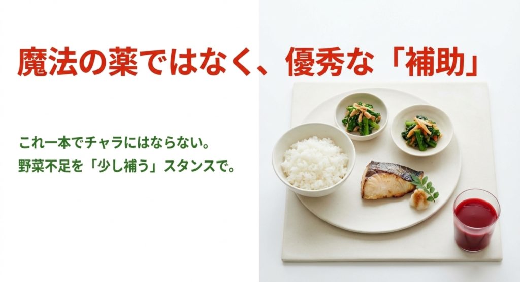 野菜不足をこれだけで解消しようとするのではなく、あくまで「足りない分をちょっと補う」というスタンスが、長く健康を維持する秘訣です示す画像