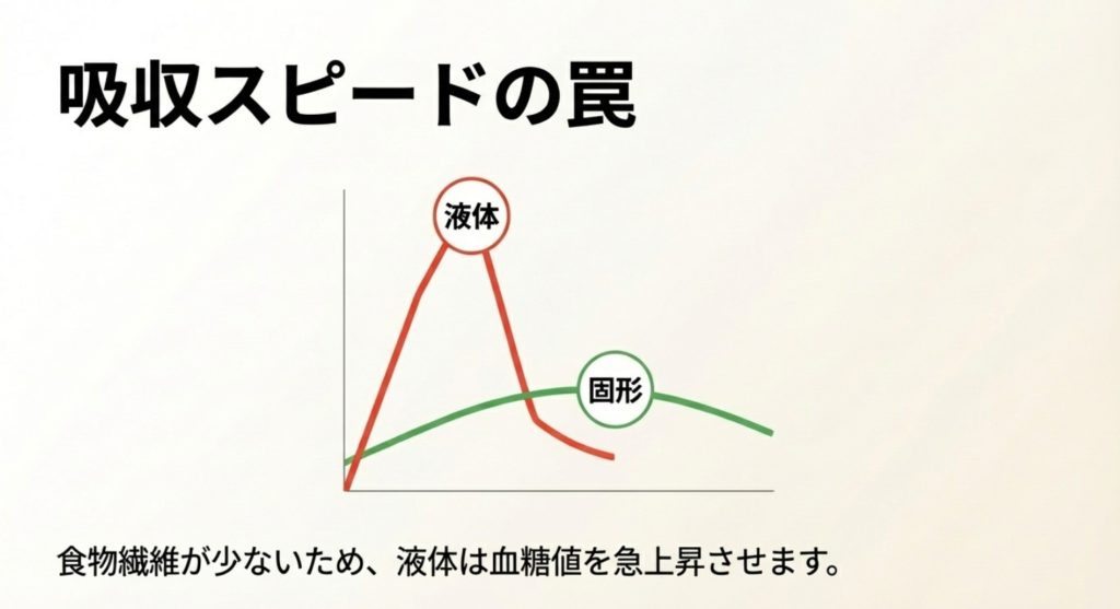 血糖値の急上昇を招く液体糖質の生理学的特性を示す画像