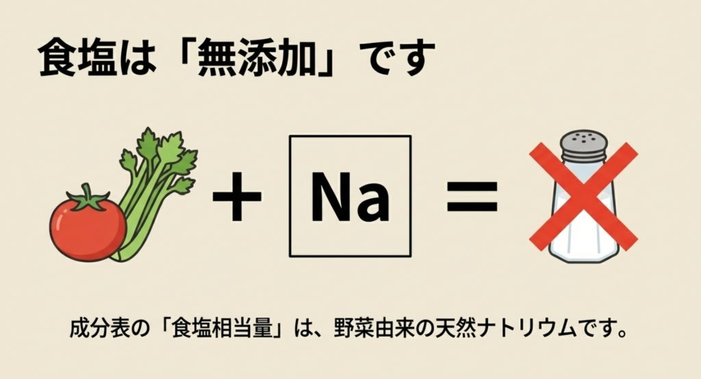 野菜自体にもともと含まれている「ナトリウム」を計算上の食塩量に換算して表示しているを示す画像